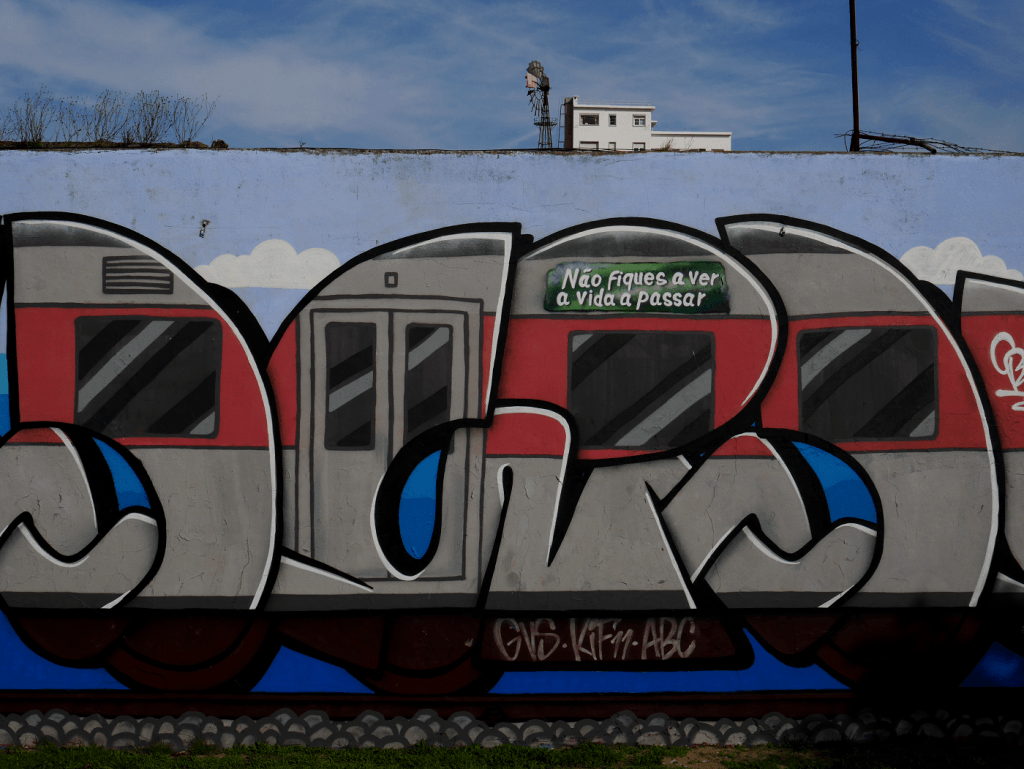 Graffiti de comboio onde se lê «Não fiques a ver a vida a passar».