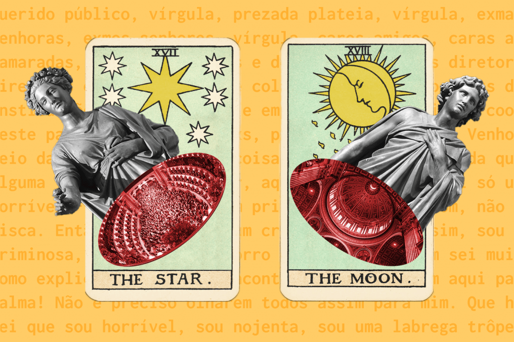Duas cartas de tarot (A Estrela e A Lua) sobre fundo amarelo. A carta da Estrela tem um busto feminino sobreposto; a carta da Lua, uma busto masculino.