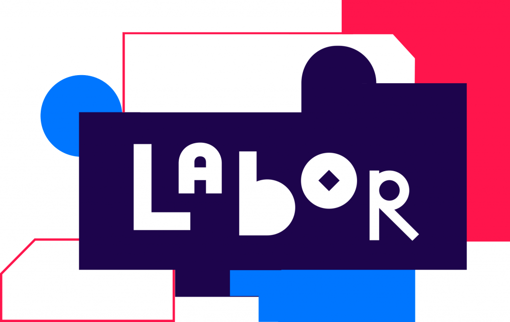 A palavra Labor está escrita a branco sobre fundo azul escuro, com formas irregulares a ciano e encarnado.
