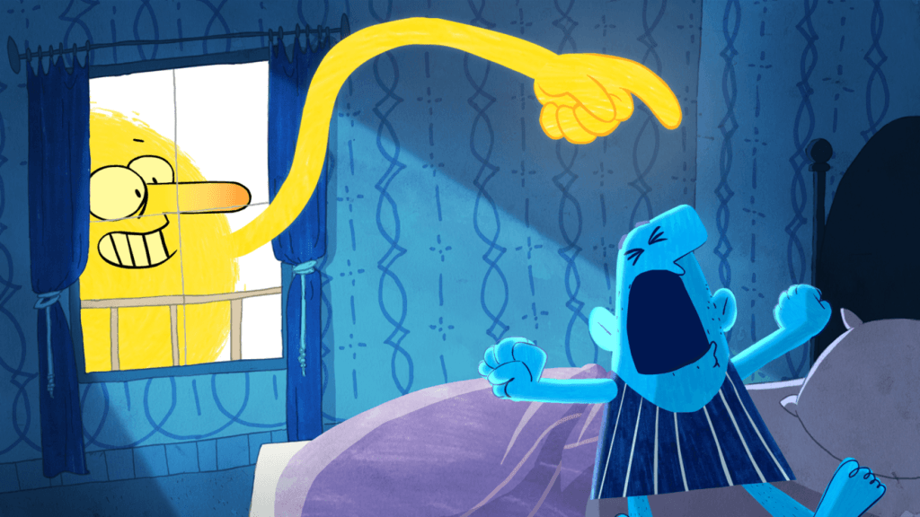 Ilustração com figura azul  sentada na cama a espreguiçar-se. À esquerda do observador, uma figura amarela aparece a sorrir, de braço comprido e dedo esticado quase a tocar na cabeça do boneco azul.