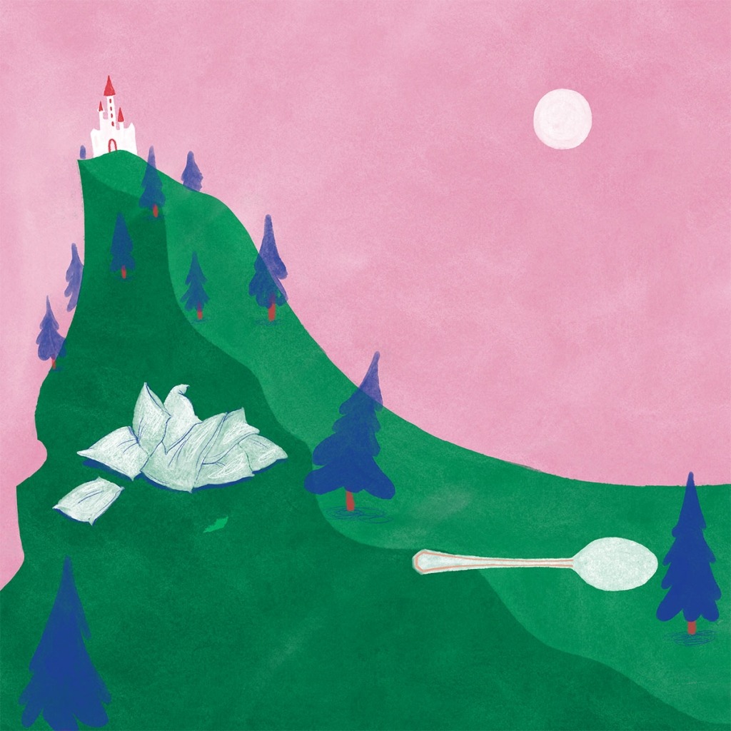Ilustração de uma colina verde com um castelo branco no topo, com um céu cor-de-rosa como fundo.