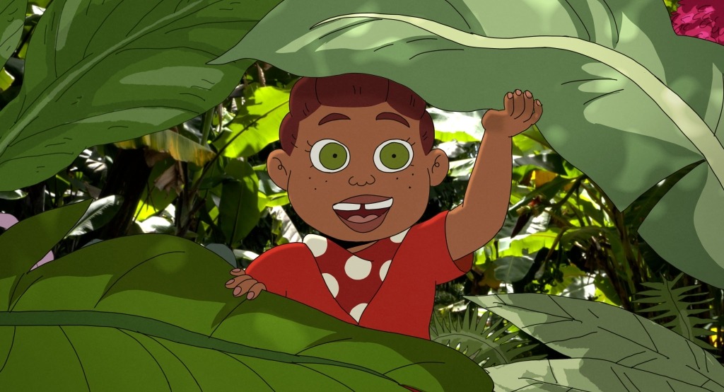 Imagem do filme Vanille com uma criança negra de grandes olhos verdes olhando de frente para o observador. A personagem está num cenário verde e olha por trás de uma grande folha.