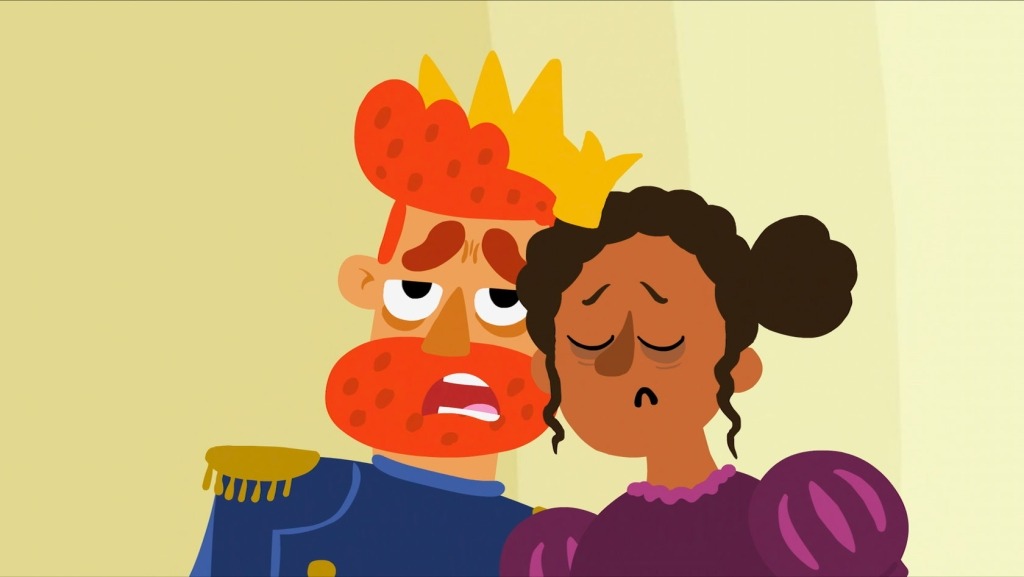 Ilustração de um homem branco, de cabelo e barba ruiva e uma coroa, e de uma mulher negra com um vestido de mangas de balão. Estão com a cabeça encostada um no  outro e ambos com um aspeto exausto.