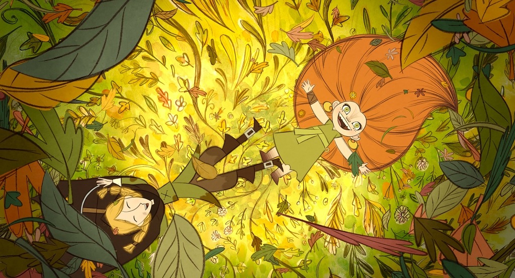 Ilustração do filme Wolfwalkers com duas crianças deitadas em cima de um campo verdejante. Ambas sorriem olhando para cima.