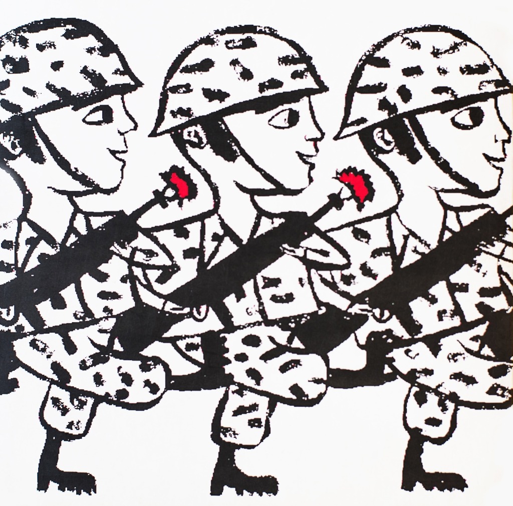Ilustração com soldados a marchar de perfil para o observador com cravos vermelhos na ponta das espingardas.