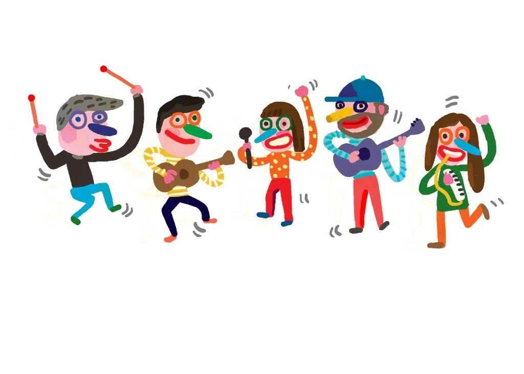 Ilustração de Bernardo Carvalho com cinco figuras coloridas a tocar instrumentos musicais.