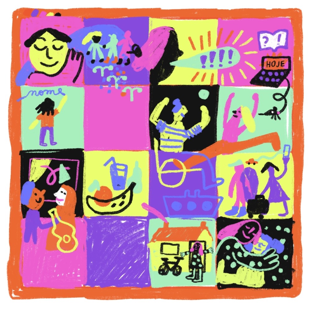 Ilustração quadrada composta por 16 pequenos quadrados com figuras coloridas. As figuras representem alguém que dorme, um grupo de pessoas de mãos dadas, alguém que grita, um computador, alguém que escreve a palavra nome, alguém numa cadeira de rodas, frutas, uma casa, um par que se abraça, entre outras situações. 