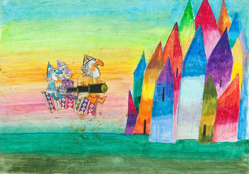 Fotograma do filme com ilustrações cque mostram três pessoas em cima de tapetes voadores a voar sob o mar na direção de várias casas coloridas e com telhados pontiagudos.