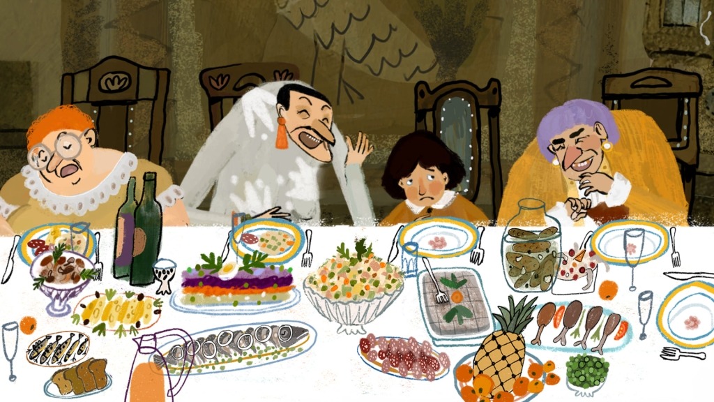 Imagem ilustrada da curta-metragem Avós Natalícias. Uma longa mesa de refeição repleta de pratos e doces. Atrás da mesa encontram-se 4 personagens.