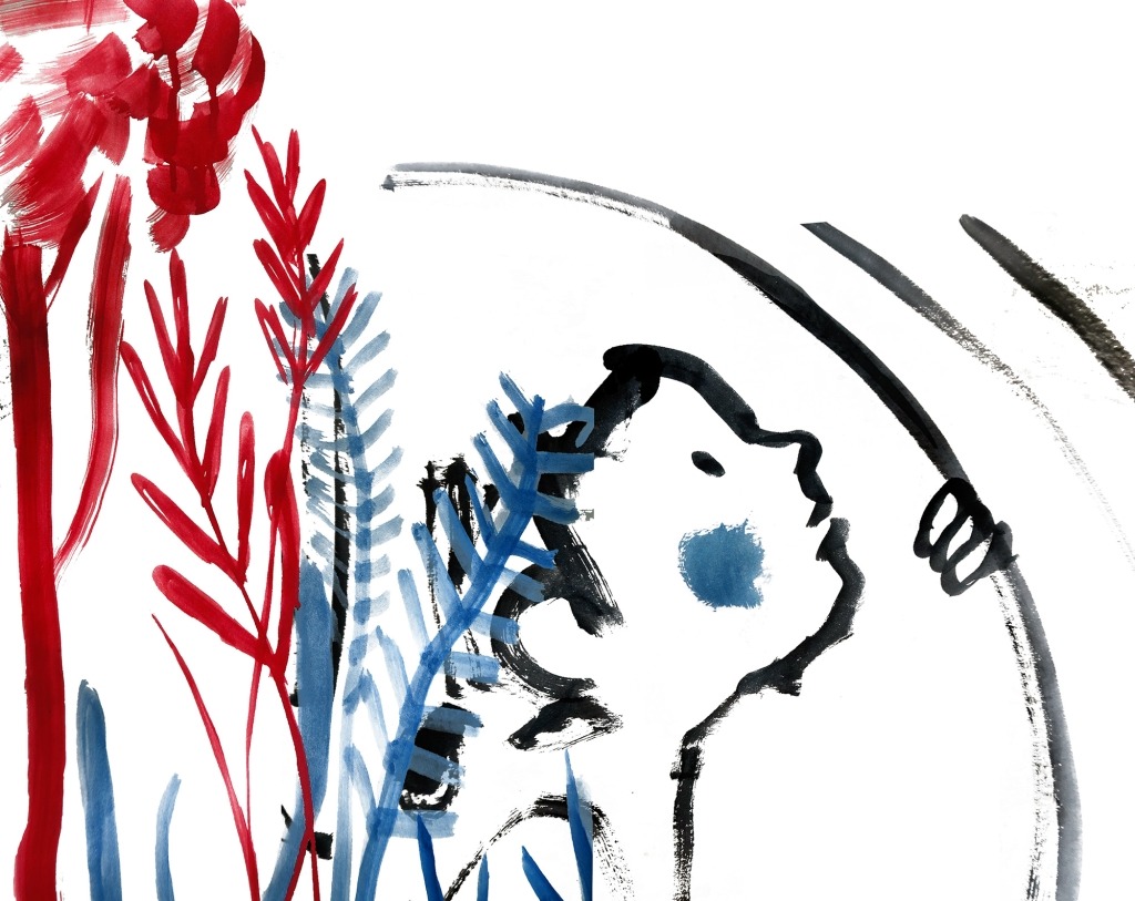 Ilustração de estilo aguarela no qual se destaca o rosto de perfil de uma criança que olha para a direita da imagem na direção de uns traços redondos. À esquerda estão umas plantas desenhadas a cor vermelha.