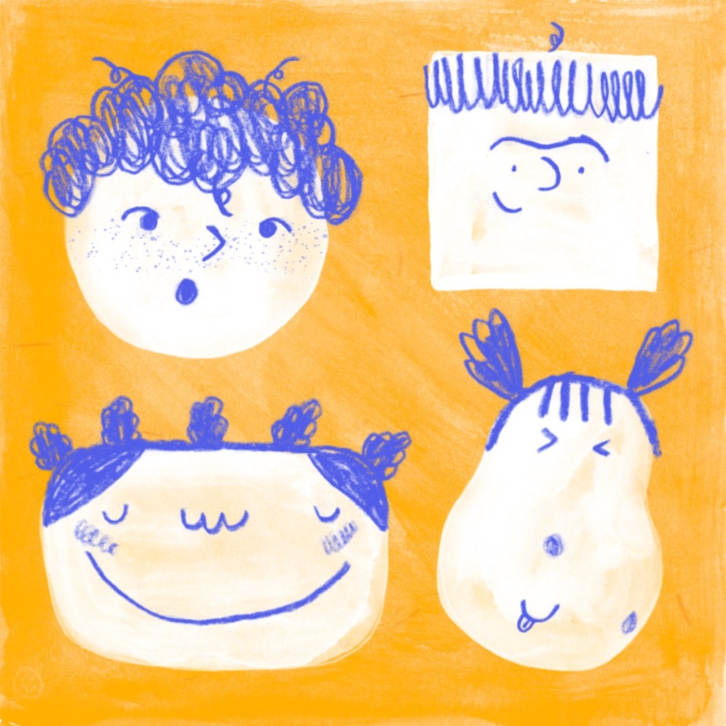 Ilustrações de quatro rostos sorridentes, com cabeças de diferentes formas (reodonda, quadrada, achatada, em forma de pêra). As caras são azuis e brancas e o fundo sobre o qual estão é amarelo.