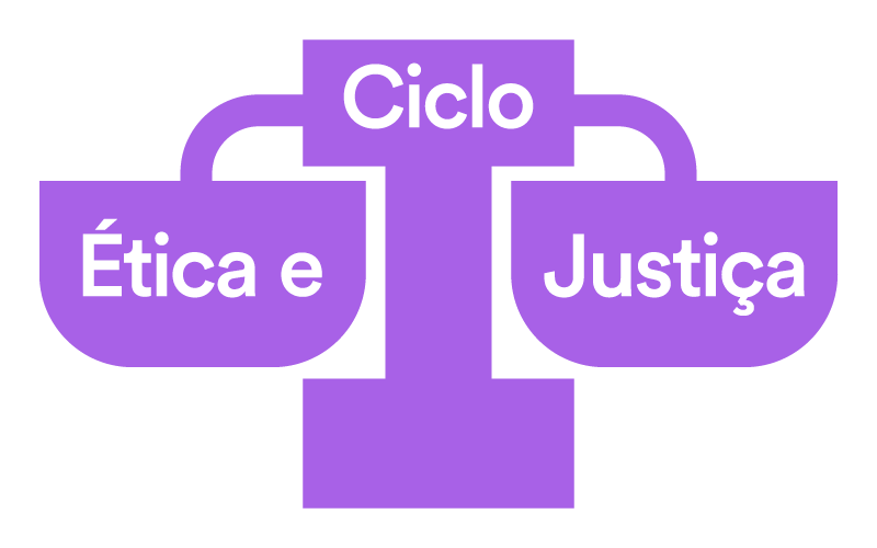 Ilustração de balança roxa com as palavras Ciclo Ética e Justiça no interior