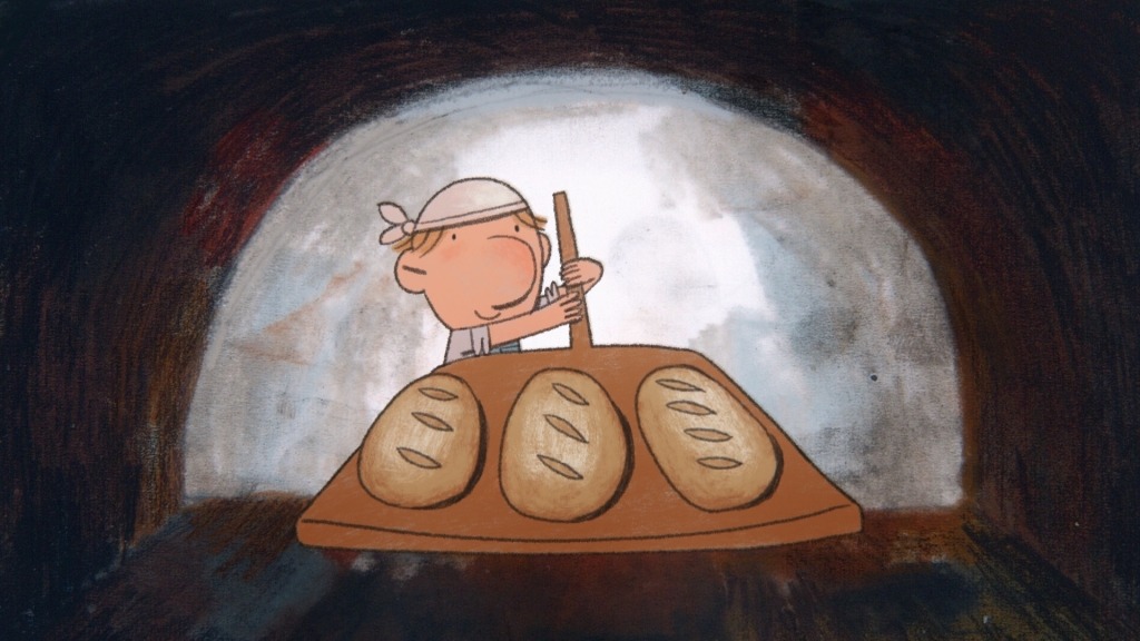 Ilustração de padeiro a pôr três pães no forno
