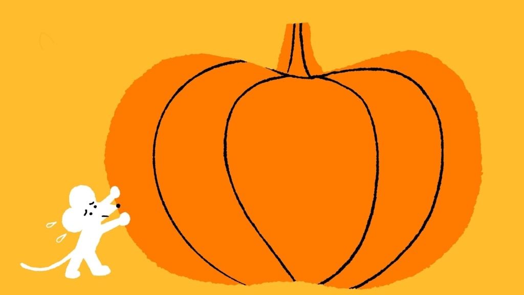 Illustration with a yellow background of a mouse pushing a giant pumpkin.