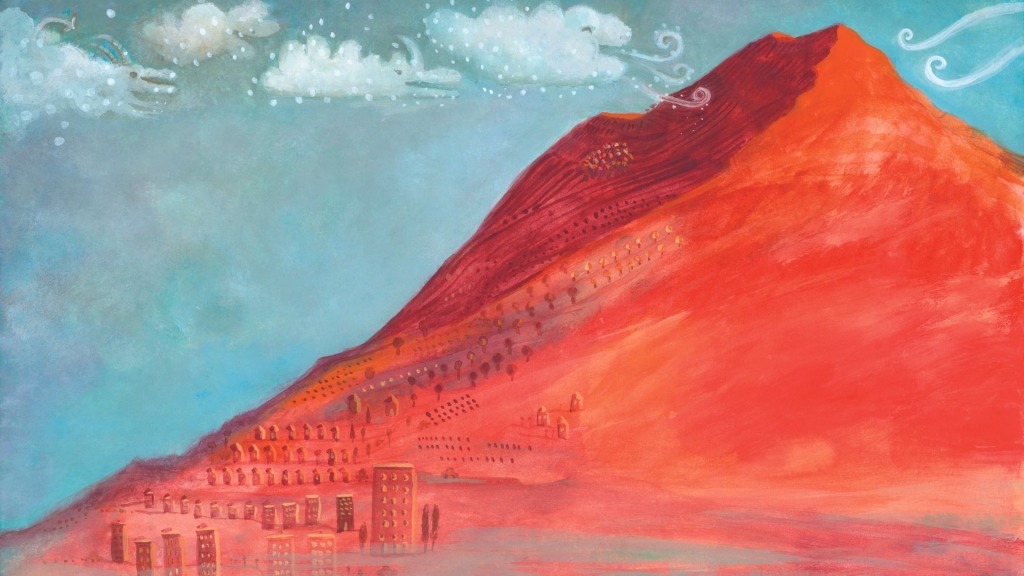 Ilustração de montanha de cor avermelhada com povoação no sopé e nuvens que sopram vento no topo.