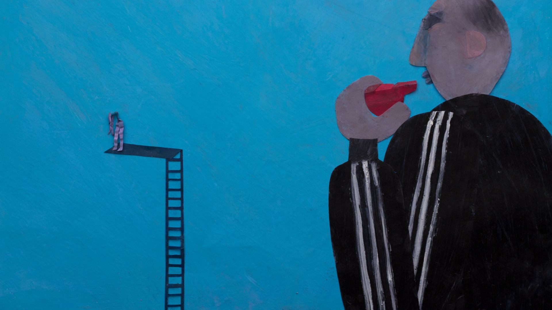 Large-scale illustration of a man with a whistle in his mouth and a pool ladder.