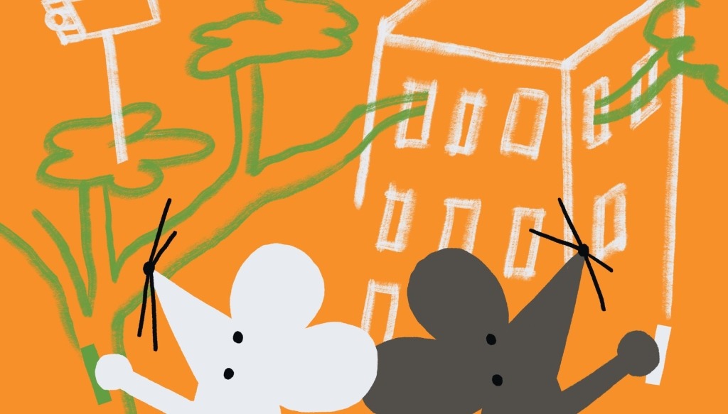 Ilustração com fundo laranja de um rato branco à frente de árvores e um rato cinzento à frente de um prédio.
