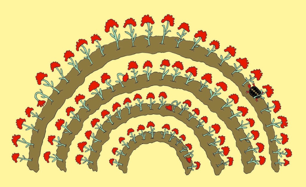 Semi-circle illustration of the assembly with carnations.