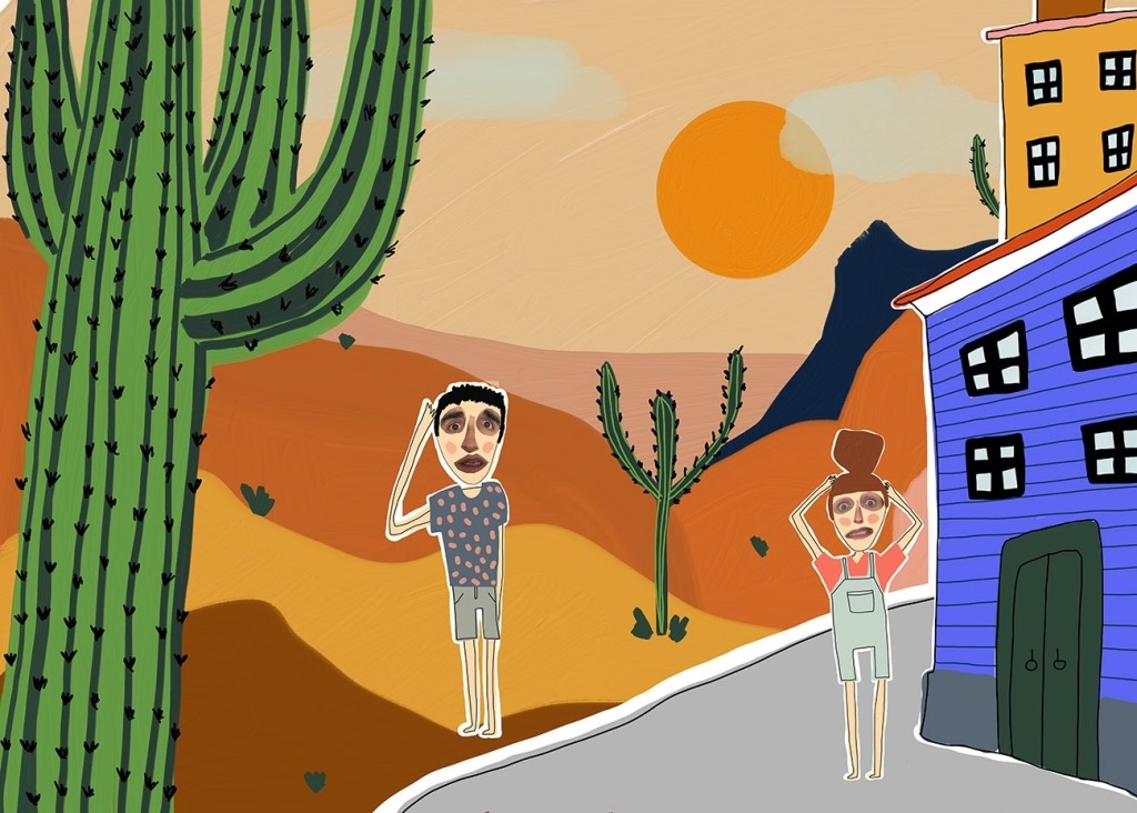 Ilustração colorida com duas figuras, um rapaz e uma rapariga, num cenário de deserto com catos e casas