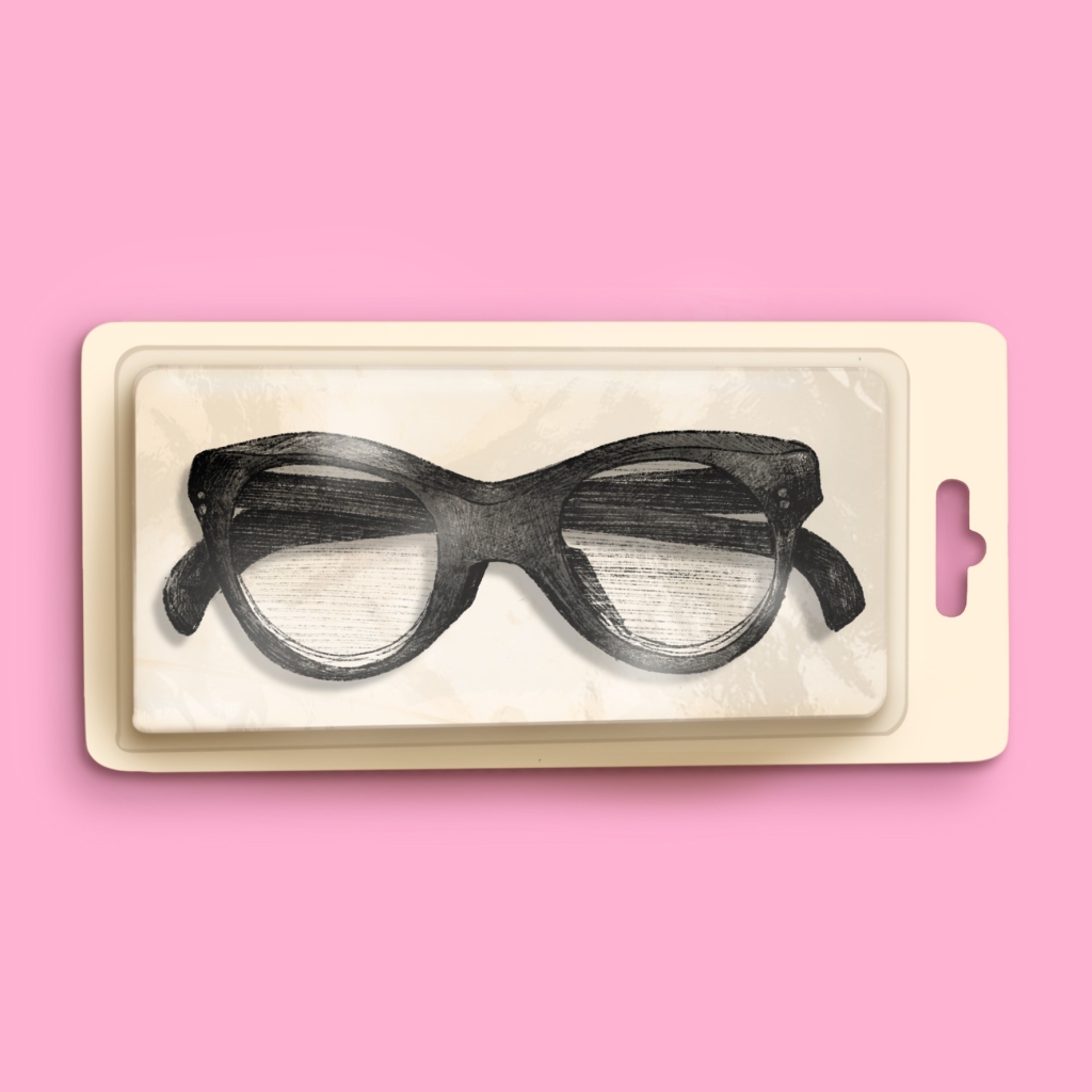 Ilustração de uma embalagem com óculos pretos. O fundo é cor de rosa.