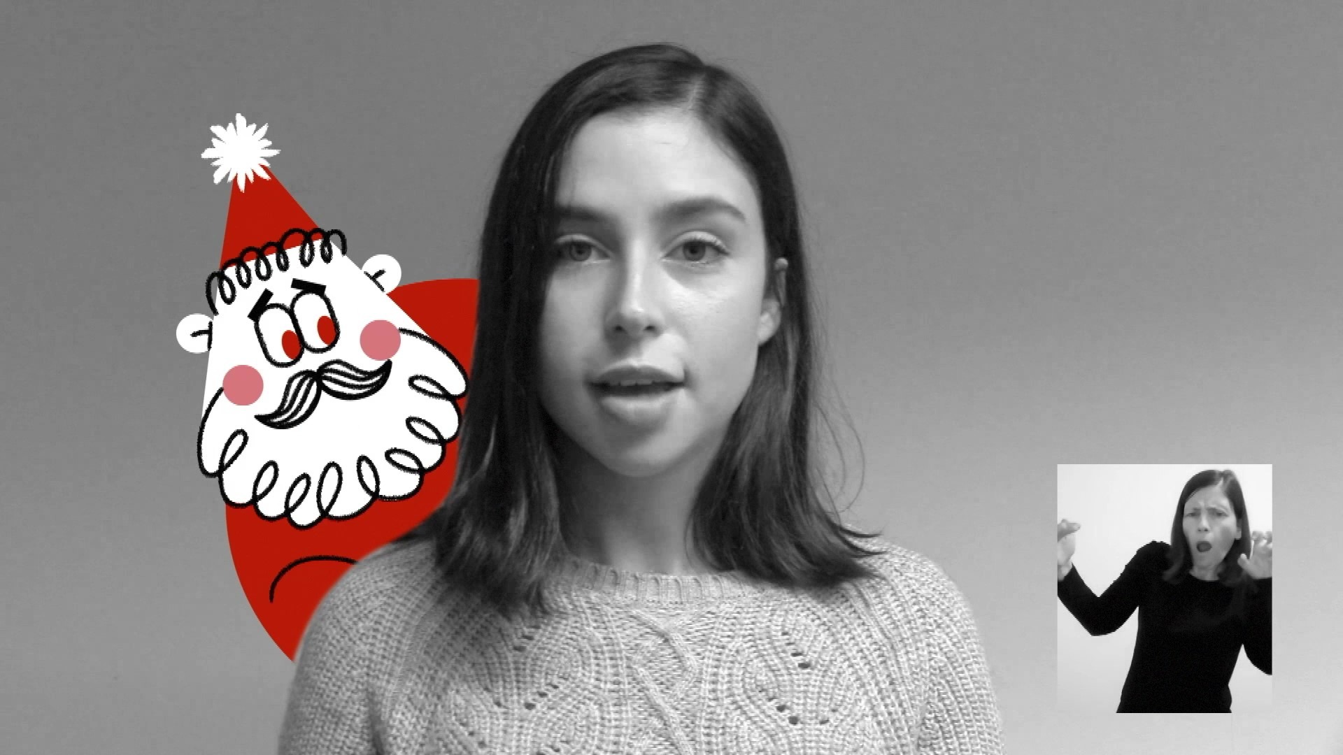 Atriz ao centro com uma ilustração de um Pai Natal a espreitar pelo ombro do lado esquerdo do observador