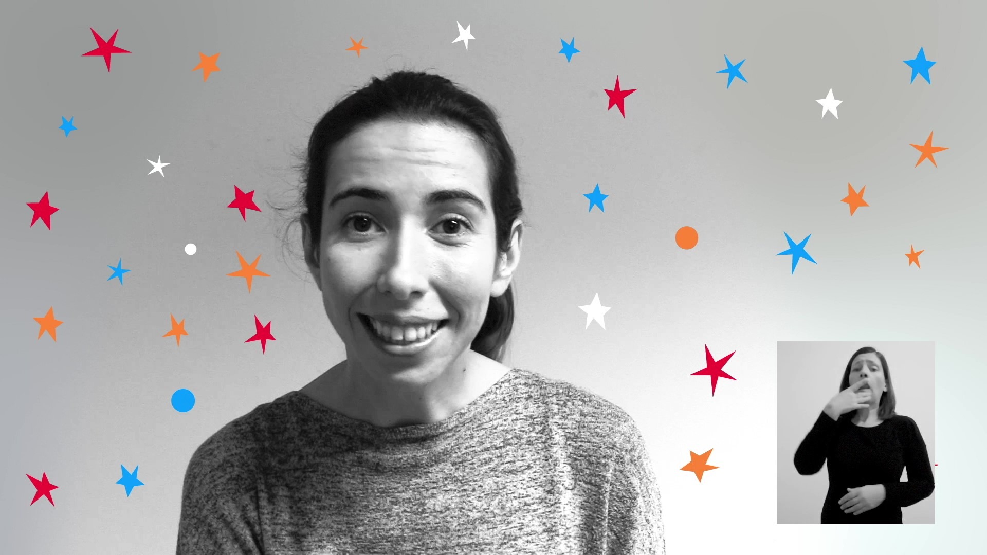Atriz ao centro com estrelas coloridas à sua volta